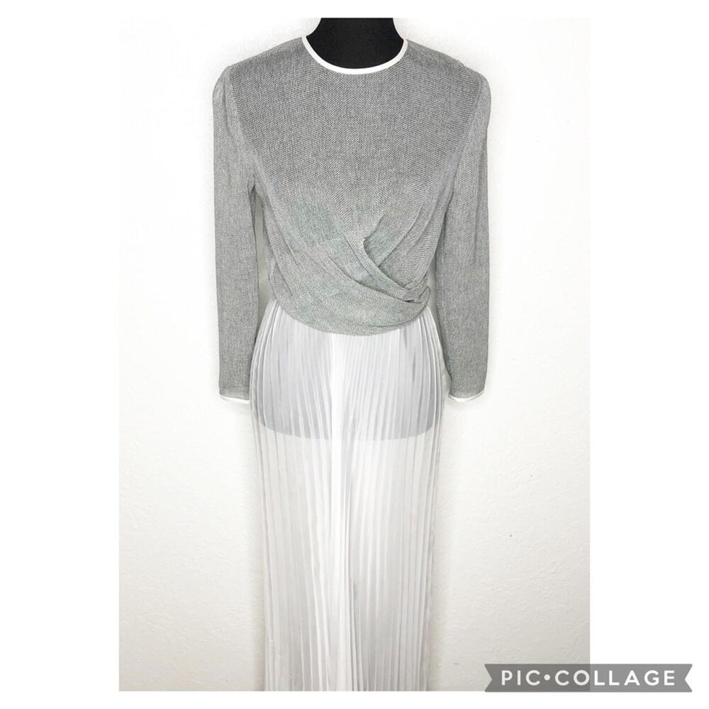 Barbara Casasola gray knit white sheer accordion pleat maxi dress size 44 US 8